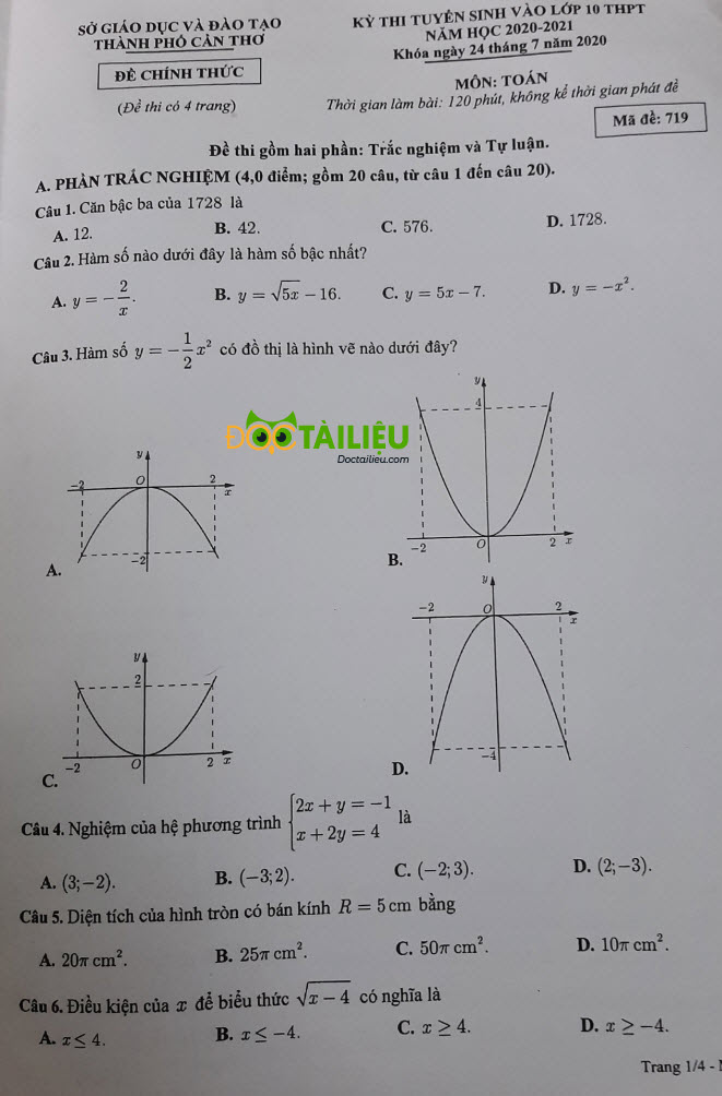 đề thi vào lớp 10 môn Toán Cần Thơ năm 2020 trang 1