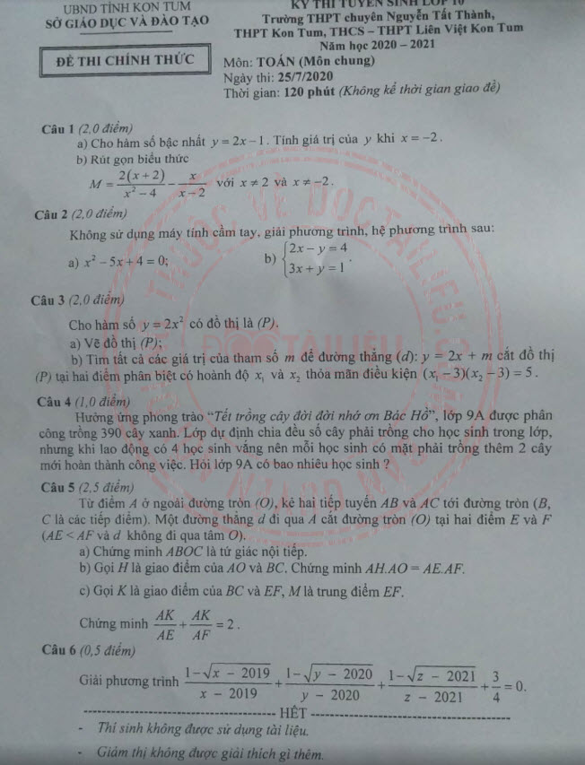 Đáp án đề thi tuyển sinh lớp 10 môn Toán năm 2020 Kon Tum  hình 1