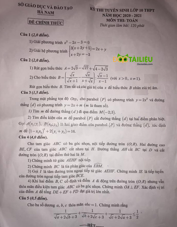 đề thi môn Toán vào lớp 10 Hà Nam 2020