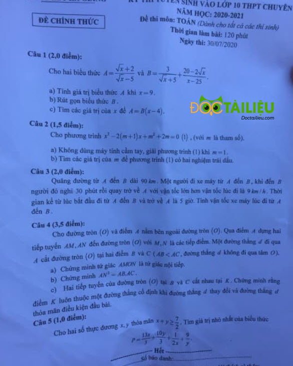 đề thi Toán vào lớp 10 Hà Giang 2020