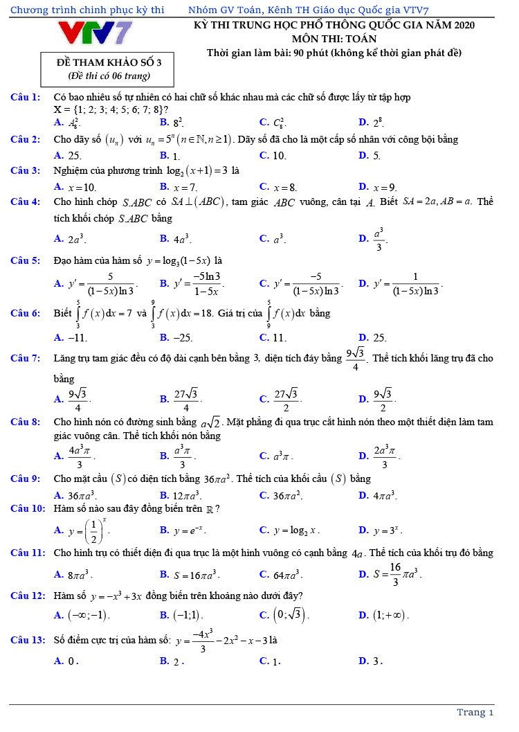 đề thi thử tốt nghiệp THPT môn Toán năm 2020 của VTV7 số 3 trang 1