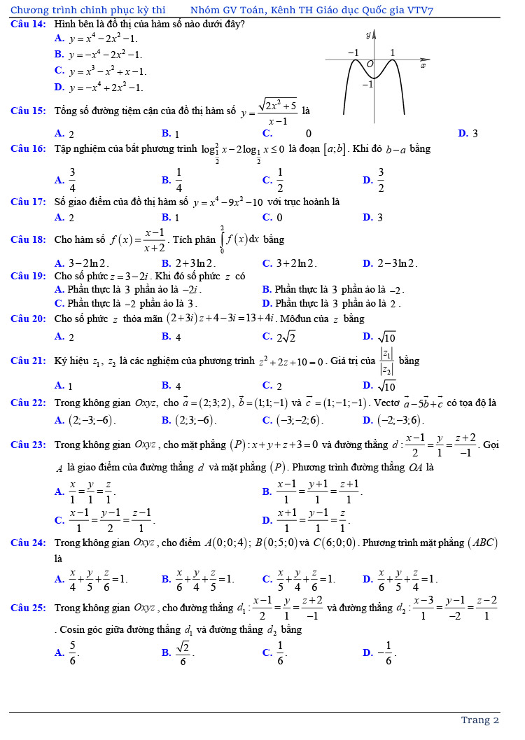 đề thi thử tốt nghiệp THPT môn Toán năm 2020 của VTV7 số 3 trang 2