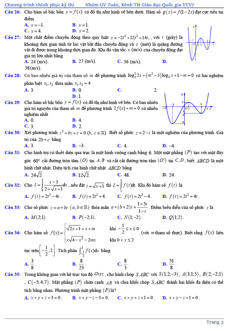 đề thi thử tốt nghiệp THPT môn Toán năm 2020 của VTV7 số 3 trang 3