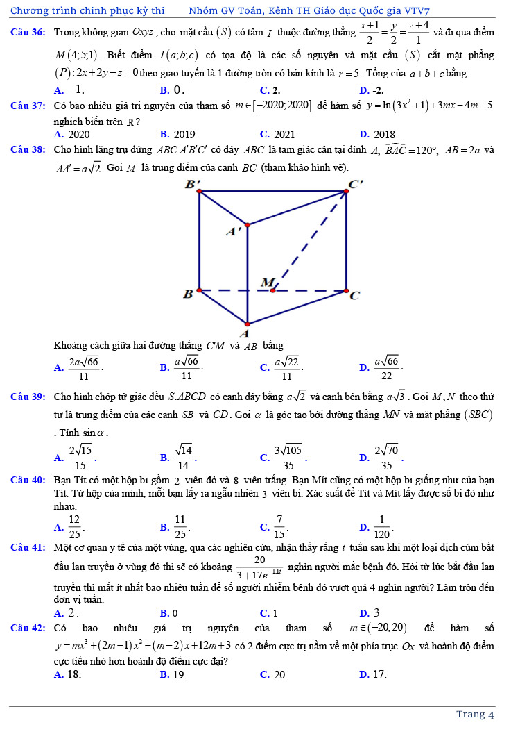 đề thi thử tốt nghiệp THPT môn Toán năm 2020 của VTV7 số 3 trang 4