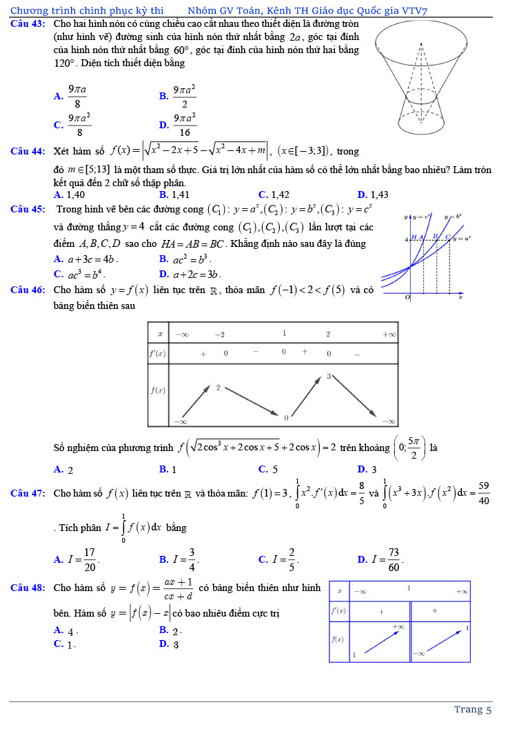 đề thi thử tốt nghiệp THPT môn Toán năm 2020 của VTV7 số 3 trang 5
