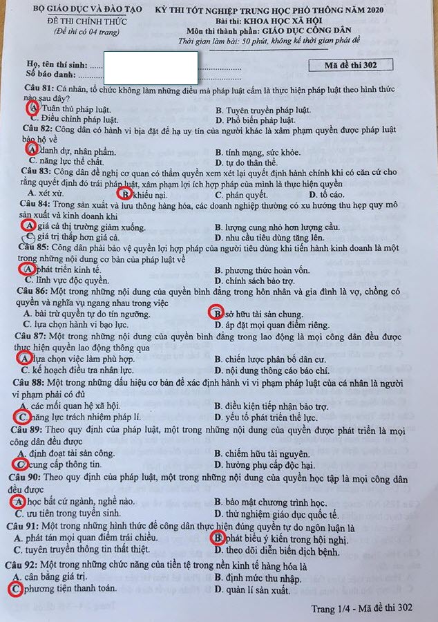 Đề thi tốt nghiệp THPT năm 2020 môn GDCD mã đề 302 trang 1