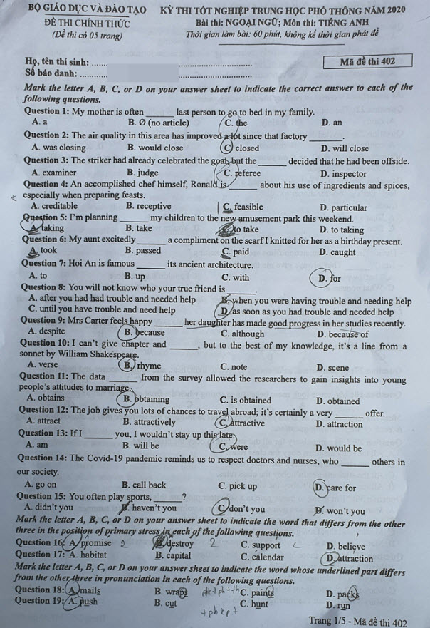 Đáp án đề thi tốt nghiệp THPT 2020 môn Anh mã đề 402 1