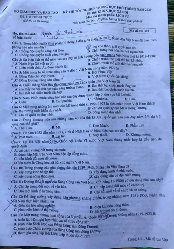 Đề thi tốt nghiệp THPT 2020 môn Sử mã đề 309 trang 1