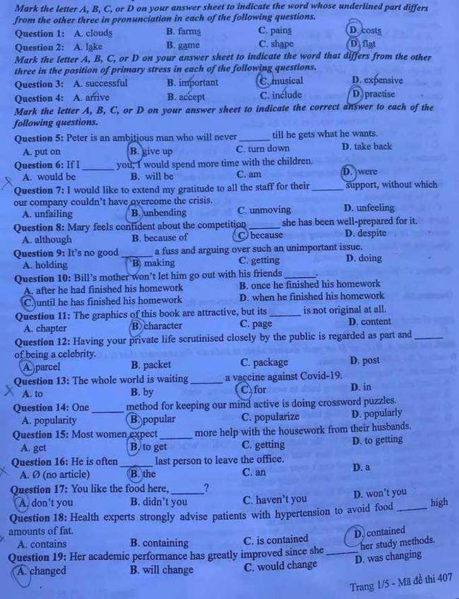 Trang 1 đề thi tốt nghiệp THPT 2020 môn Anh mã đề 407