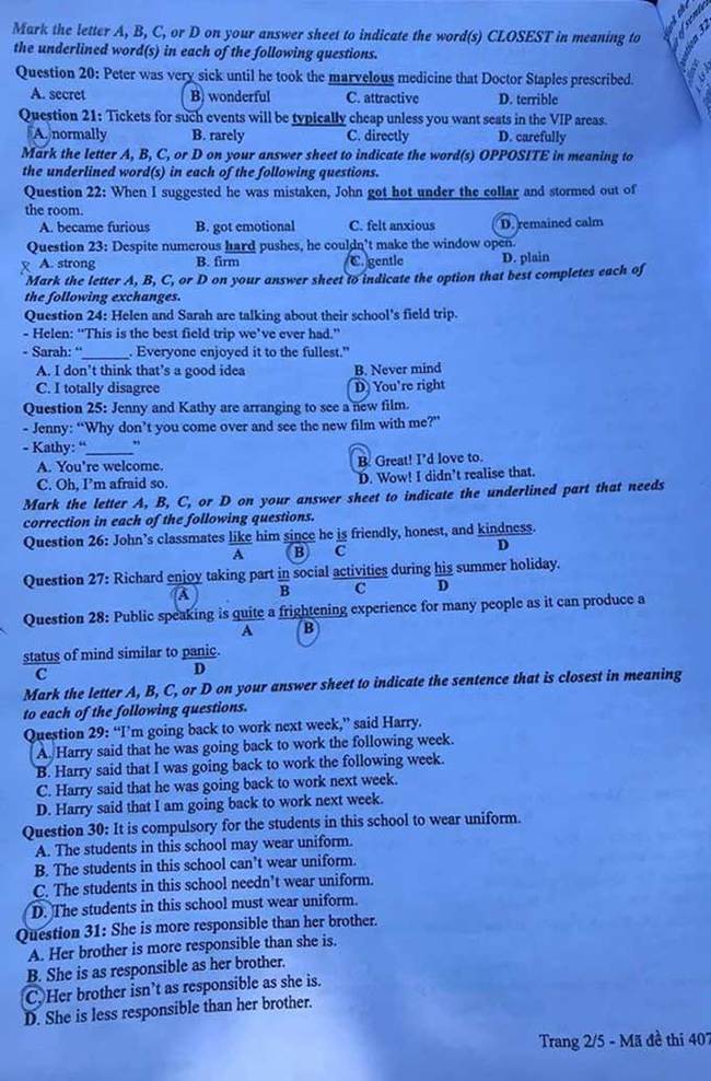 Trang 2 đề thi tốt nghiệp THPT 2020 môn Anh mã đề 407