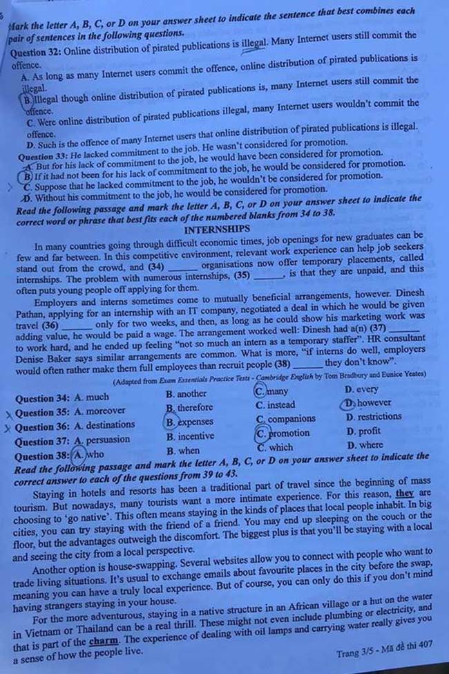 Trang 3 đề thi tốt nghiệp THPT 2020 môn Anh mã đề 407