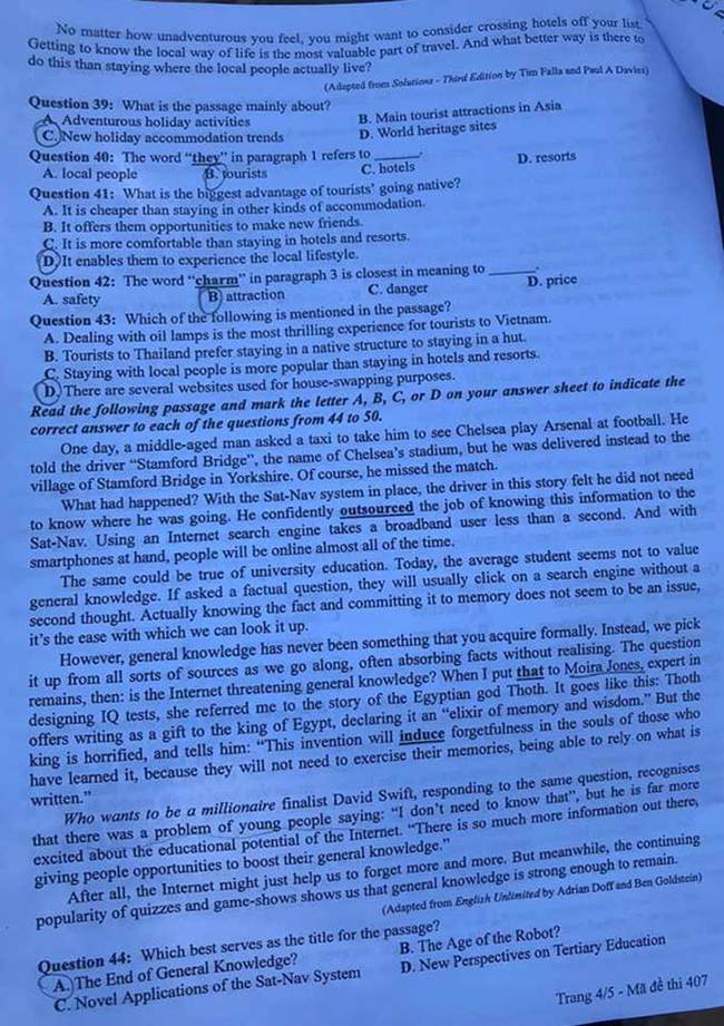 Trang 4 đề thi tốt nghiệp THPT 2020 môn Anh mã đề 407