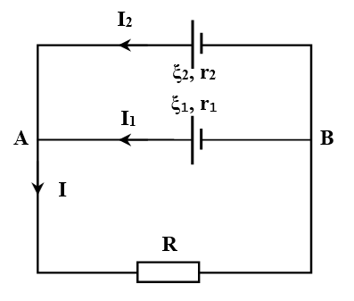 Cho mạch điện như hình vẽ, xi _1 = 20 V, xi _2 = 32 V, r_1 = 1 Ω, r_2 = 0,5 Ω, R hình ảnh 2