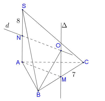 Cho hình chóp S.ABC có SA = 8, SA vuông góc với đáy. Tam giác ABC vuông tại A, hình ảnh