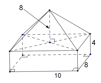 Thể tích của khối có 5 mặt hình chữ nhật, 4 mặt tam giác với kích thước được cho hình ảnh
