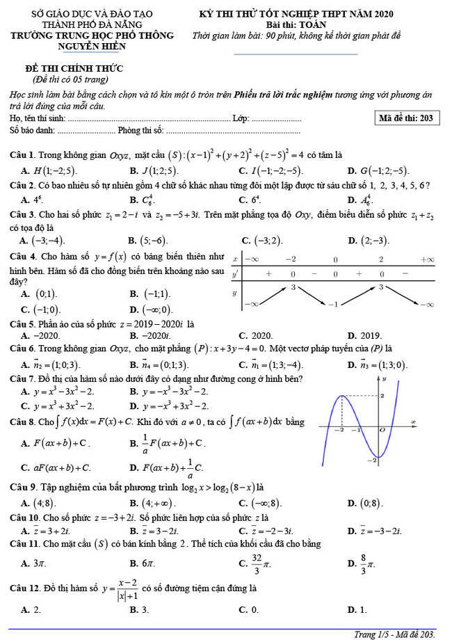 đề thi thử THPT Quốc gia 2020 môn Toán THPT Nguyễn Hiền trang 1