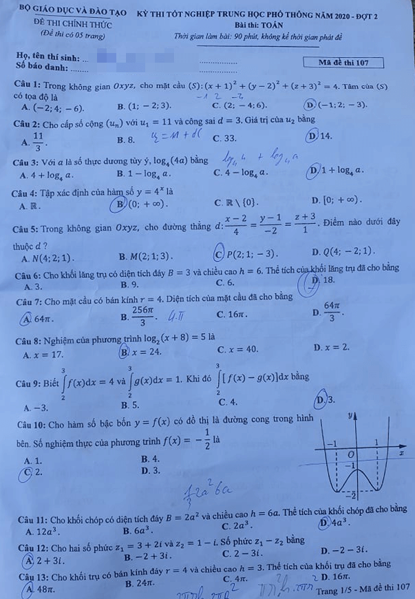 Đề thi tốt nghiệp THPT môn Toán đợt 2 mã đề 107 trang 1