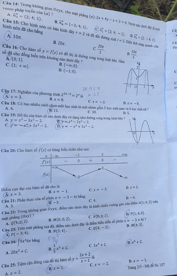 Đề thi tốt nghiệp THPT môn Toán đợt 2 mã đề 107 trang 2