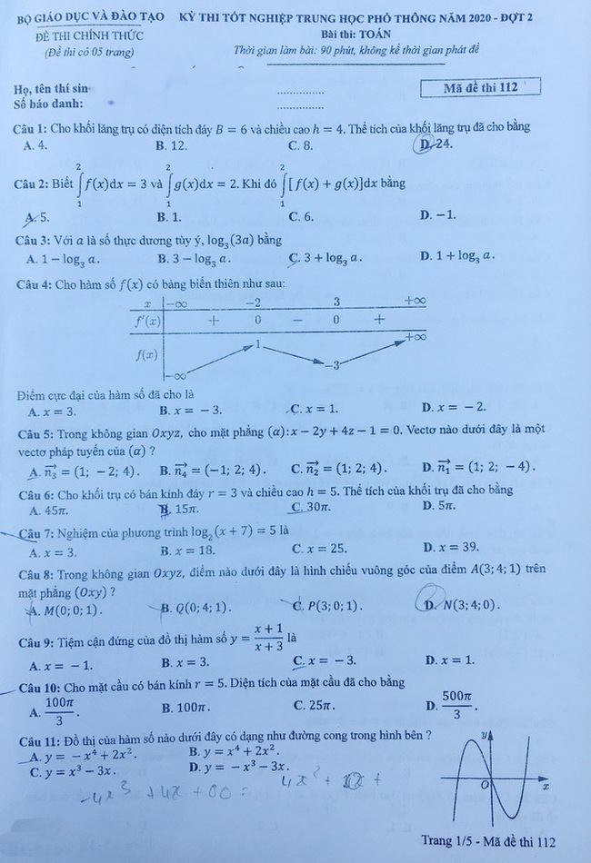 Đề thi tốt nghiệp THPT môn Toán đợt 2 mã đề 112 trang 1