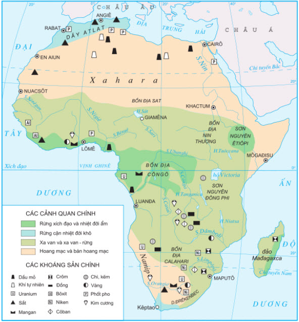 Hình 5.1 Các cảnh quan và khoáng sản chính ở châu Phi