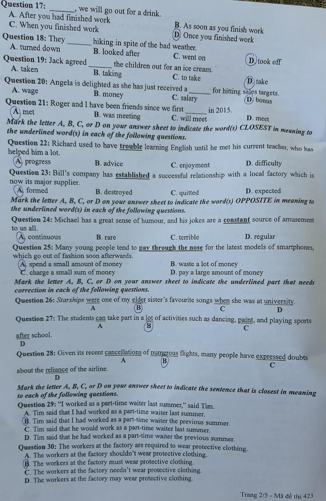 Đề thi tốt nghiệp THPT môn Anh đợt 2 mã đề 423 ảnh 2