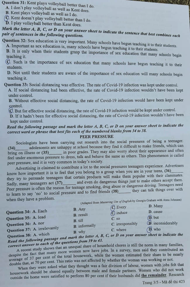 Đề thi tốt nghiệp THPT môn Anh đợt 2 mã đề 423 ảnh 3