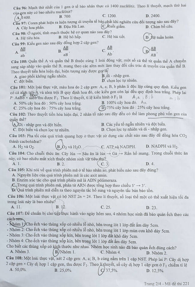 Đề thi tốt nghiệp THPT môn Sinh đợt 2 mã đề 221 trang 2