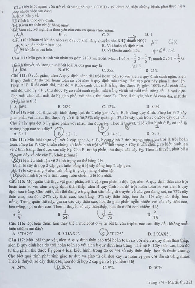 Đề thi tốt nghiệp THPT môn Sinh đợt 2 mã đề 221 trang 3