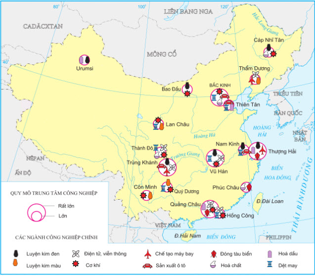 Hình 10.8. Các trung tâm công nghiệp chính của Trung Quốc.