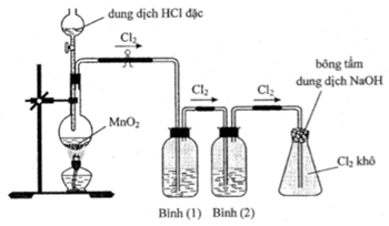 Cho hình vẽ mô tả thí nghiệm điều chế khí Cl2 sạch:Bình (1) đựng dung dịch NaCl, hình ảnh