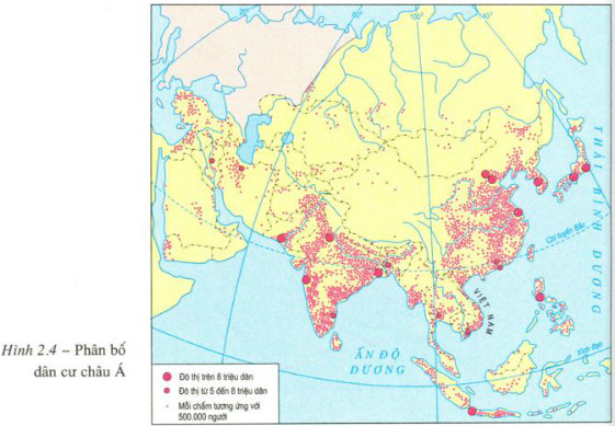 hình 2.4 phân bố dân cư châu Á SGK Địa Lí 10