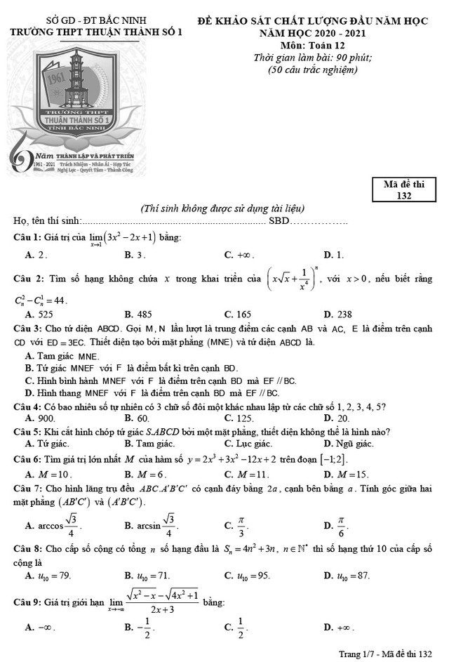 Đề thi thử THPT Quốc gia 2020 môn Toán trường Thuận Thành 1 trang 1
