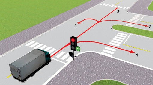 Theo tín hiệu đèn, xe tải đi theo hướng nào là đúng quy tắc giao thông? B. Chỉ hình ảnh