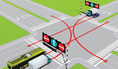 Các xe đi theo hướng mũi tên, xe nào vi phạm quy tắc giao thông? A. Xe khách, xe hình ảnh