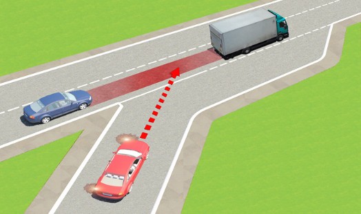 Trong tình huống dưới đây, xe con màu đỏ nhập làn đường cao tốc theo hướng mũi hình ảnh