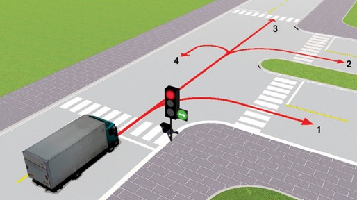 Theo tín hiệu đèn, xe tải đi theo hướng nào là đúng quy tắc giao thông? B. Chỉ hình ảnh