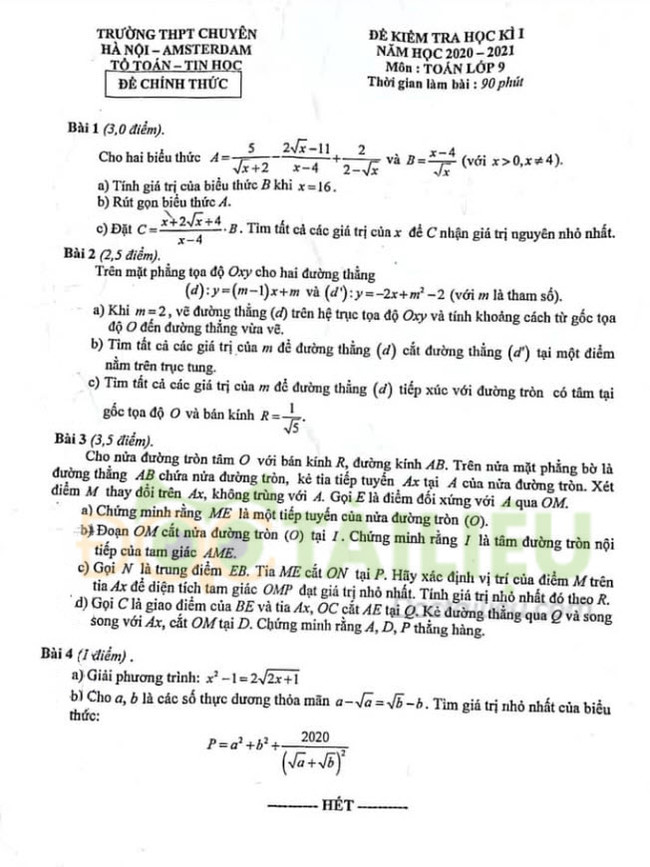 đề thi học kì 1 môn Toán 9 chuyên Amsterdam năm 2020