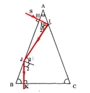 Lăng kính thủy tinh có tiết diện thẳng là tam giác cân ABC đỉnh A. Một tia đơn hình ảnh