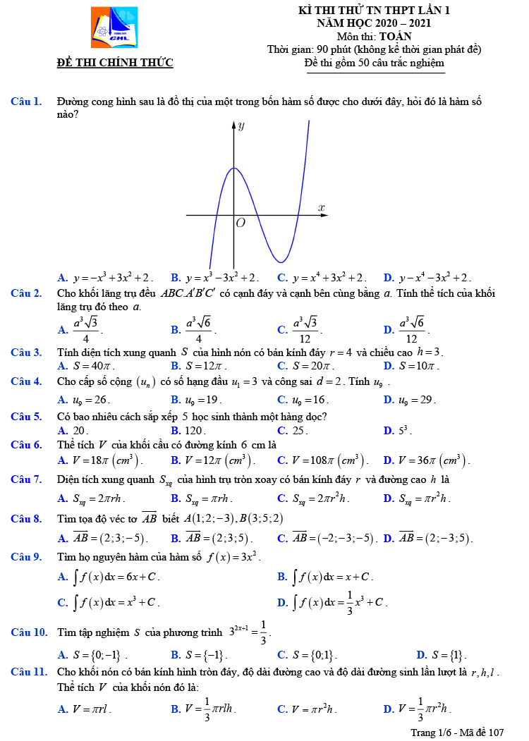 Đề thi thử tốt nghiệp THPT 2021 môn Toán lần 1 chuyên Hạ Long trang 1