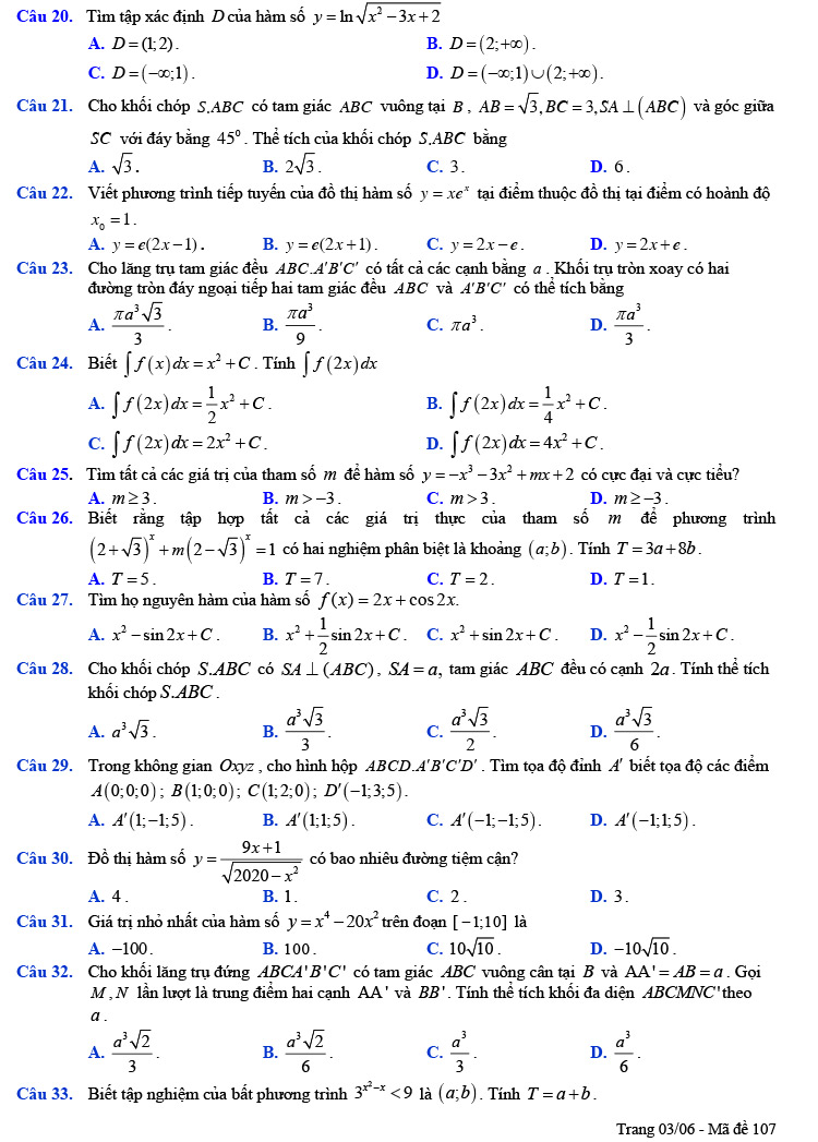 Đề thi thử tốt nghiệp THPT 2021 môn Toán lần 1 chuyên Hạ Long trang 3