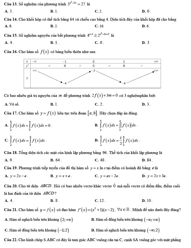 Đề thi thử tốt nghiệp THPT 2021 môn Toán lần 2 trường Kinh Môn trang 3