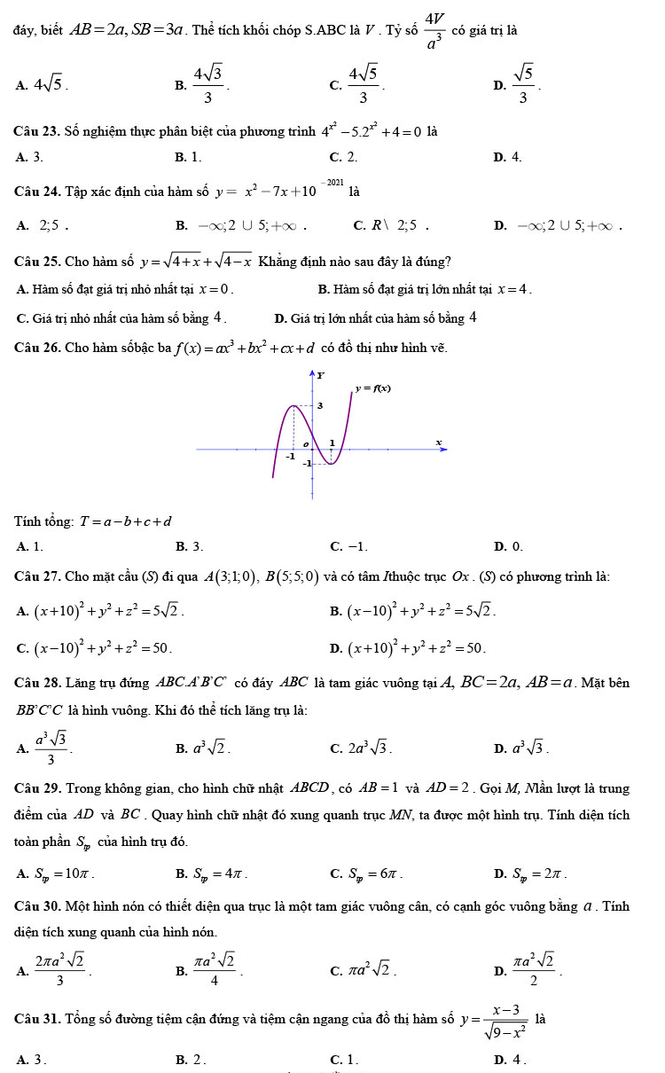 Đề thi thử tốt nghiệp THPT 2021 môn Toán lần 2 trường Kinh Môn trang 4