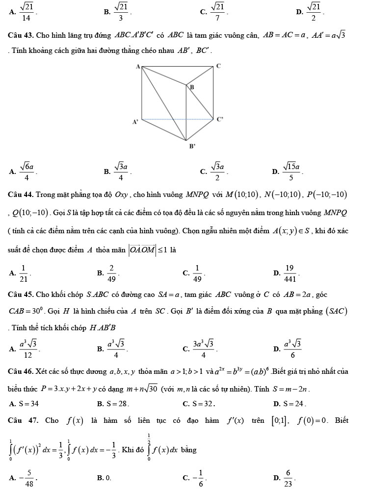 Đề thi thử tốt nghiệp THPT 2021 môn Toán lần 2 trường Kinh Môn trang 7