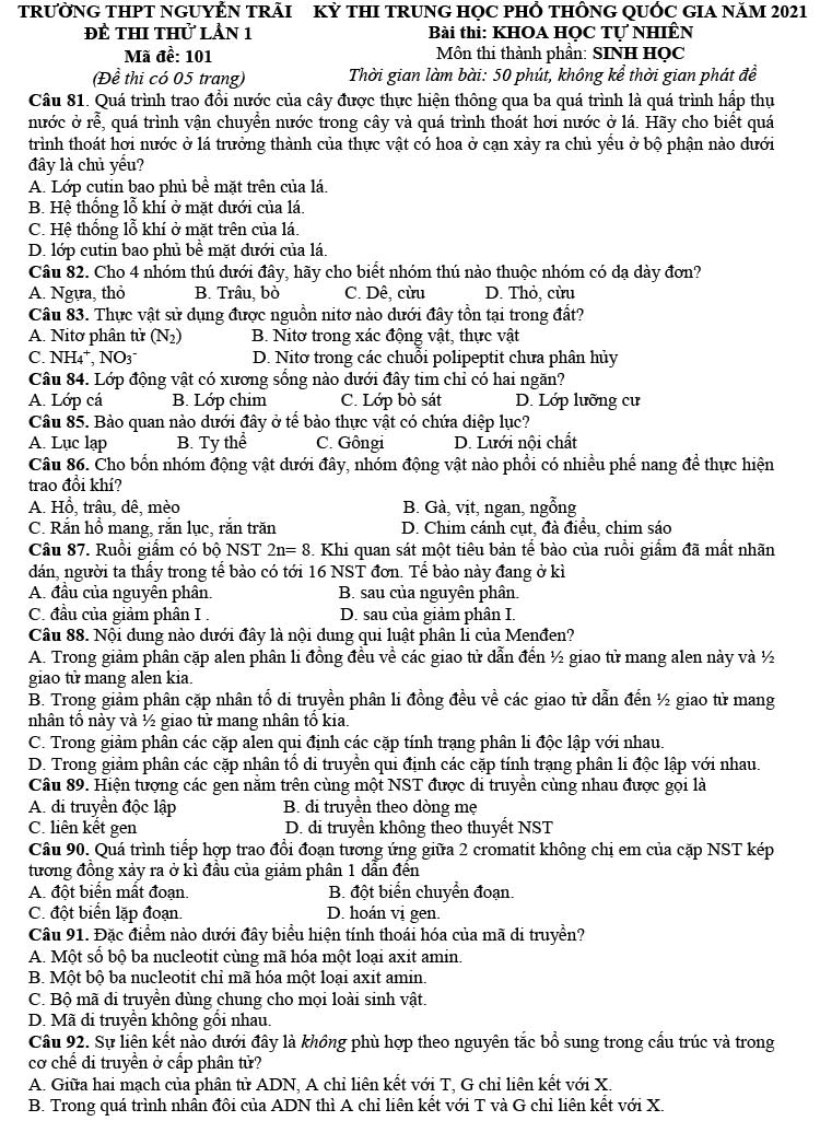 Đề thi thử tốt nghiệp THPT môn Sinh 2021 lần 1 Chuyên Nguyễn Trãi ảnh 1