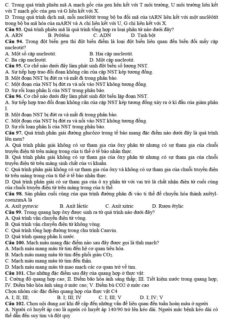 Đề thi thử tốt nghiệp THPT môn Sinh 2021 lần 1 Chuyên Nguyễn Trãi ảnh 2