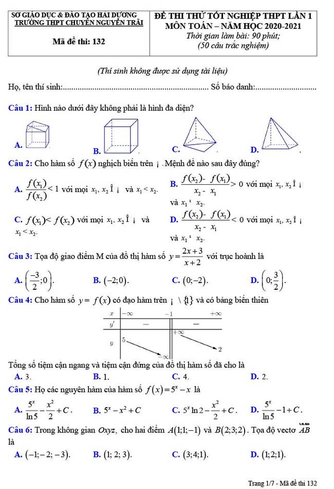 Đề thi thử tốt nghiệp THPT môn Toán lần 1 2021 Chuyên Nguyễn Trãi ảnh 1