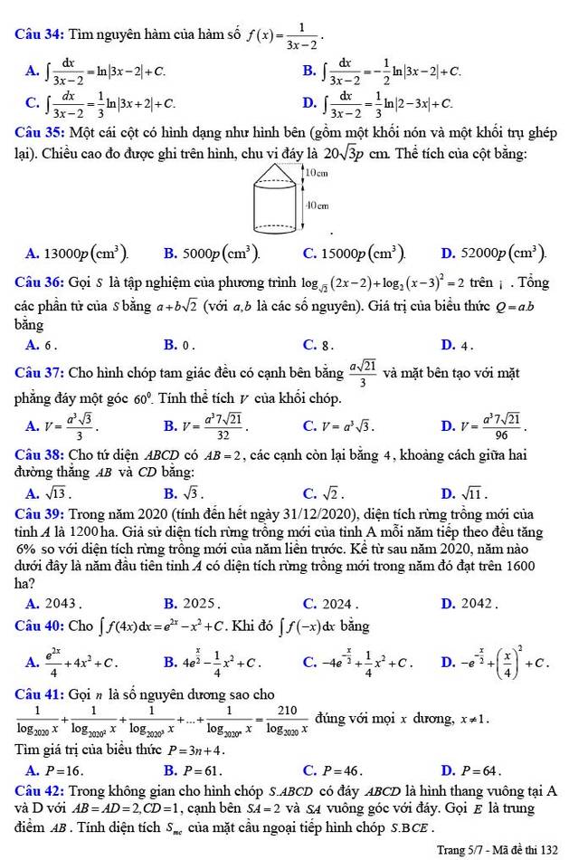Đề thi thử tốt nghiệp THPT môn Toán lần 1 2021 Chuyên Nguyễn Trãi ảnh 5