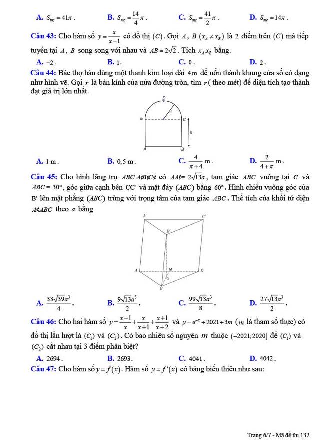 Đề thi thử tốt nghiệp THPT môn Toán lần 1 2021 Chuyên Nguyễn Trãi ảnh 6