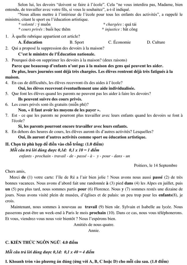 Đáp án đề thi vào 10 môn tiếng Pháp chuyên 2020 trường THPT Lê Hồng Phong trang 3