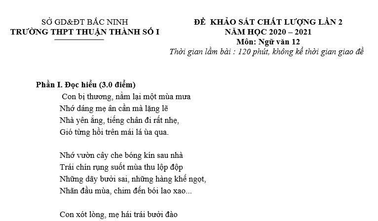 Đề thi thử THPT quốc gia 2021 môn Văn Thuận Thành 1 lần 2 (có đáp án)